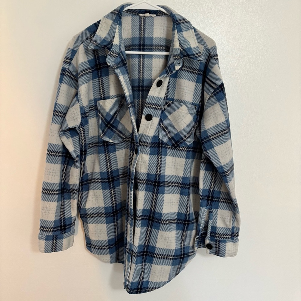 Blue and White Plaid Button-Up Shirt